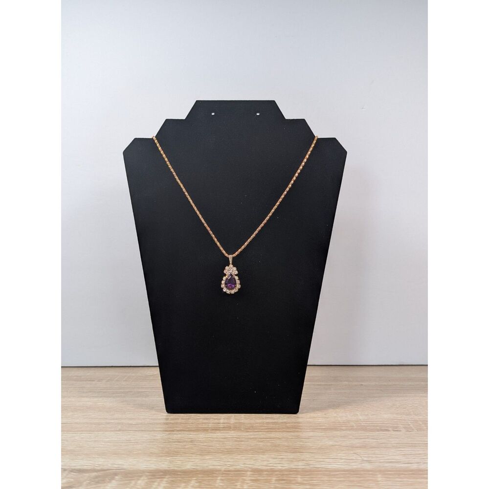 25” Gold Tone Necklace – Purple Teardrop Pendant with Clear Rhinestones